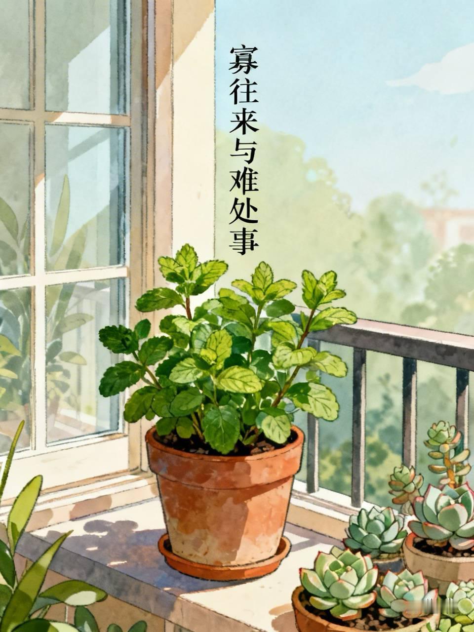 寡往来与难处事阳台上那盆薄荷，买来时是爆盆的。现在只有几枝瘦梗，举着小小的叶