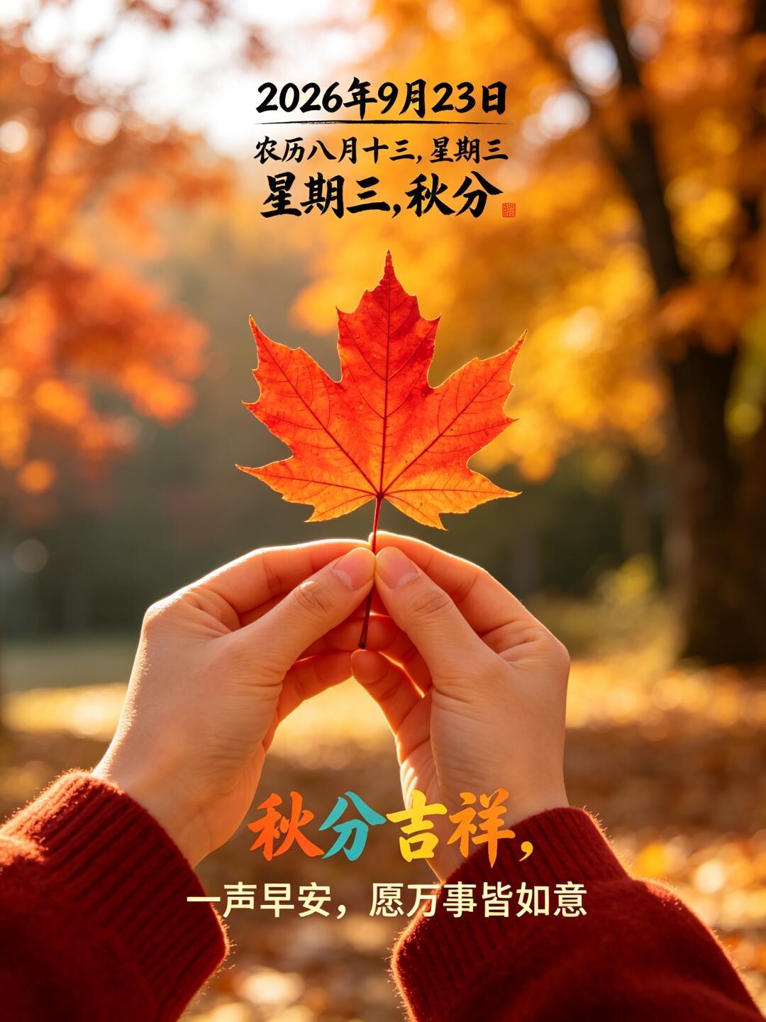 清晨问好，今日秋分！天高云淡，枫叶渐红，大自然铺开一幅绝美秋景画卷。昼夜均衡，也