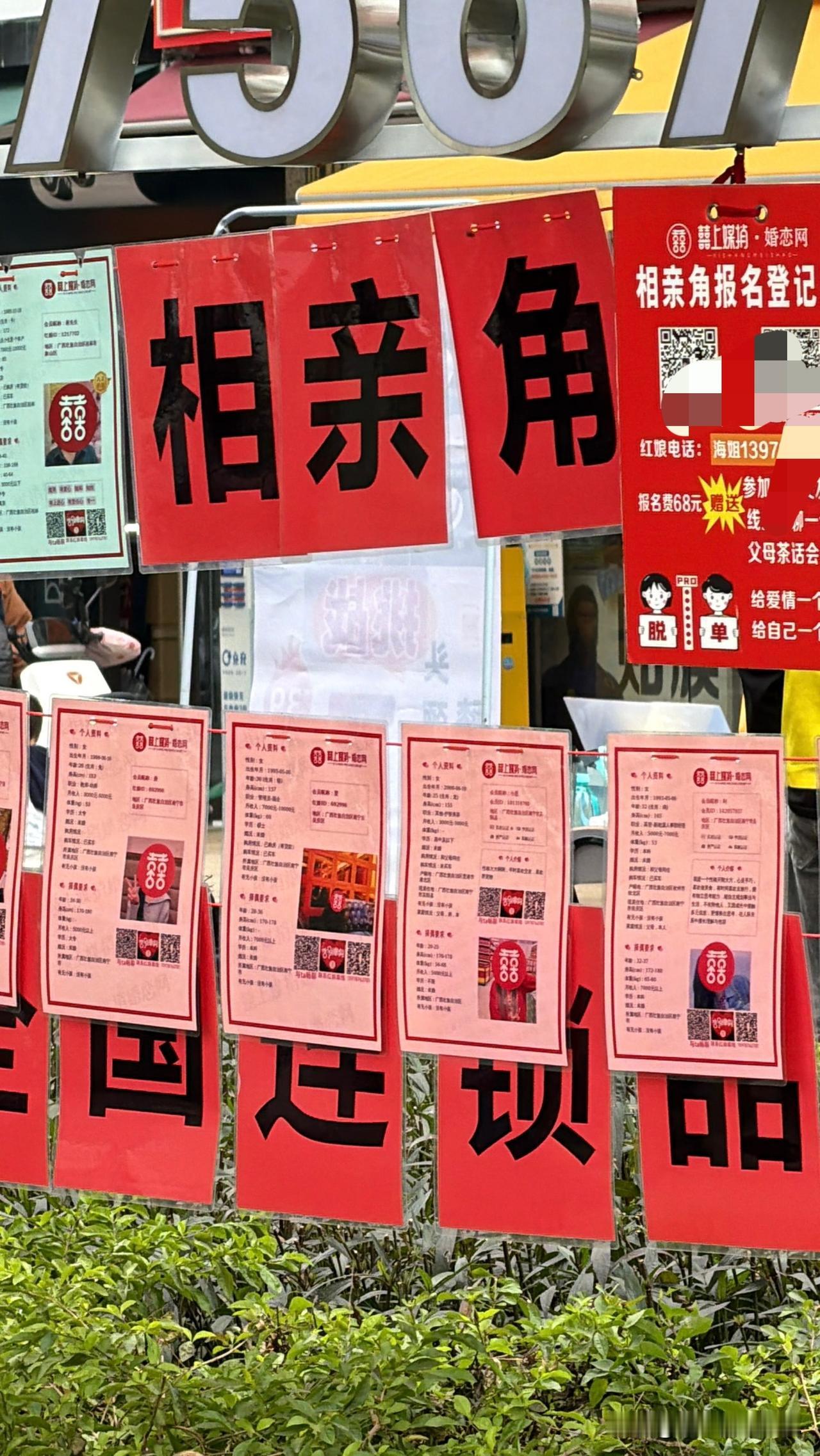 最近南宁街头多了不少相亲角，单身男女一排排资料挂在那儿，年龄、工作、有没有房车，