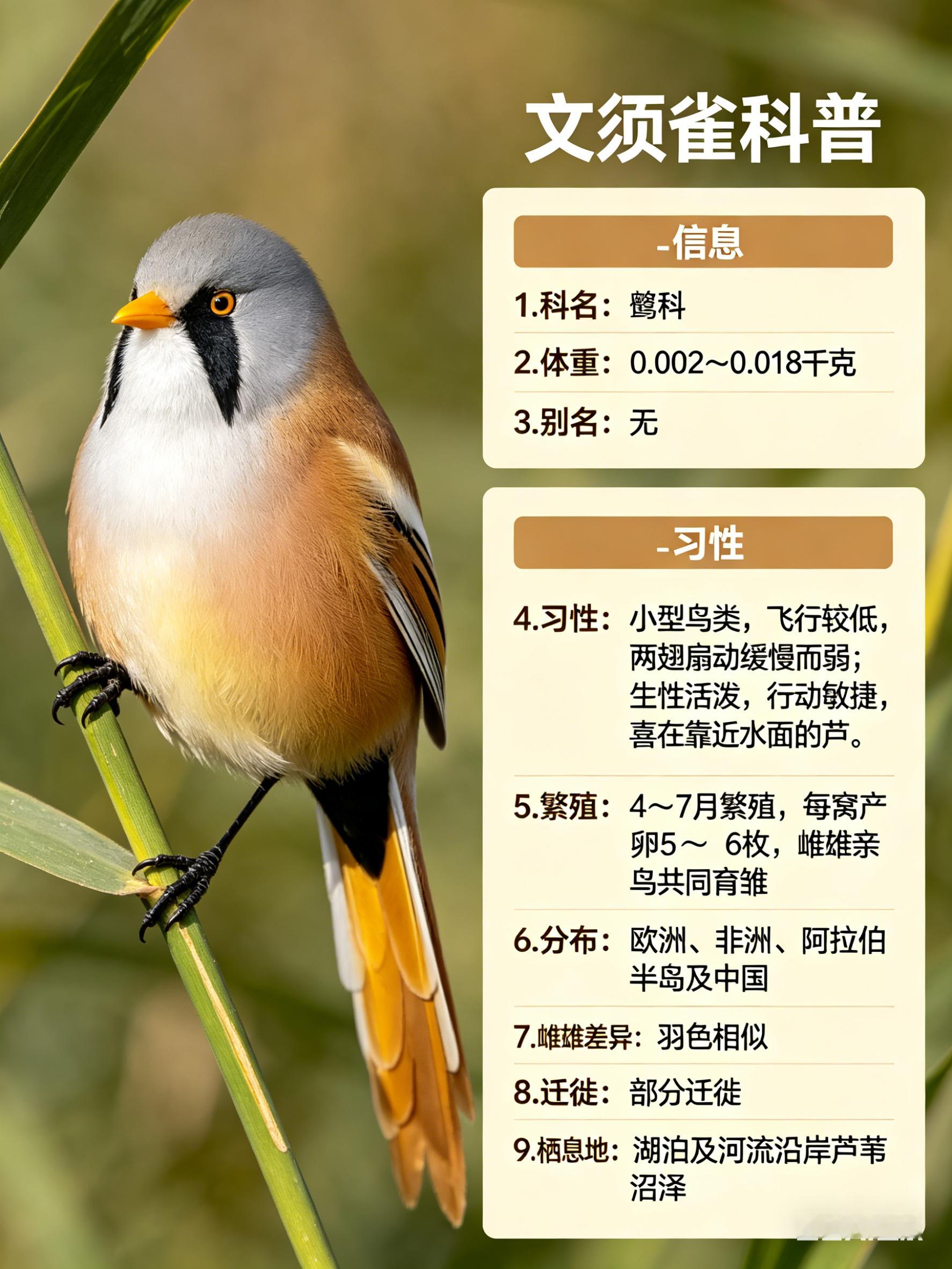 鸟类朋友图鉴文须雀科名：鹟科体重：0.002～0.018千克别名：无文须雀属于