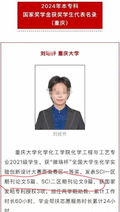 好嘛，重庆大学已经开始调查了。事情是这样的，重大一学生叫刘培乔，她获得了国奖，