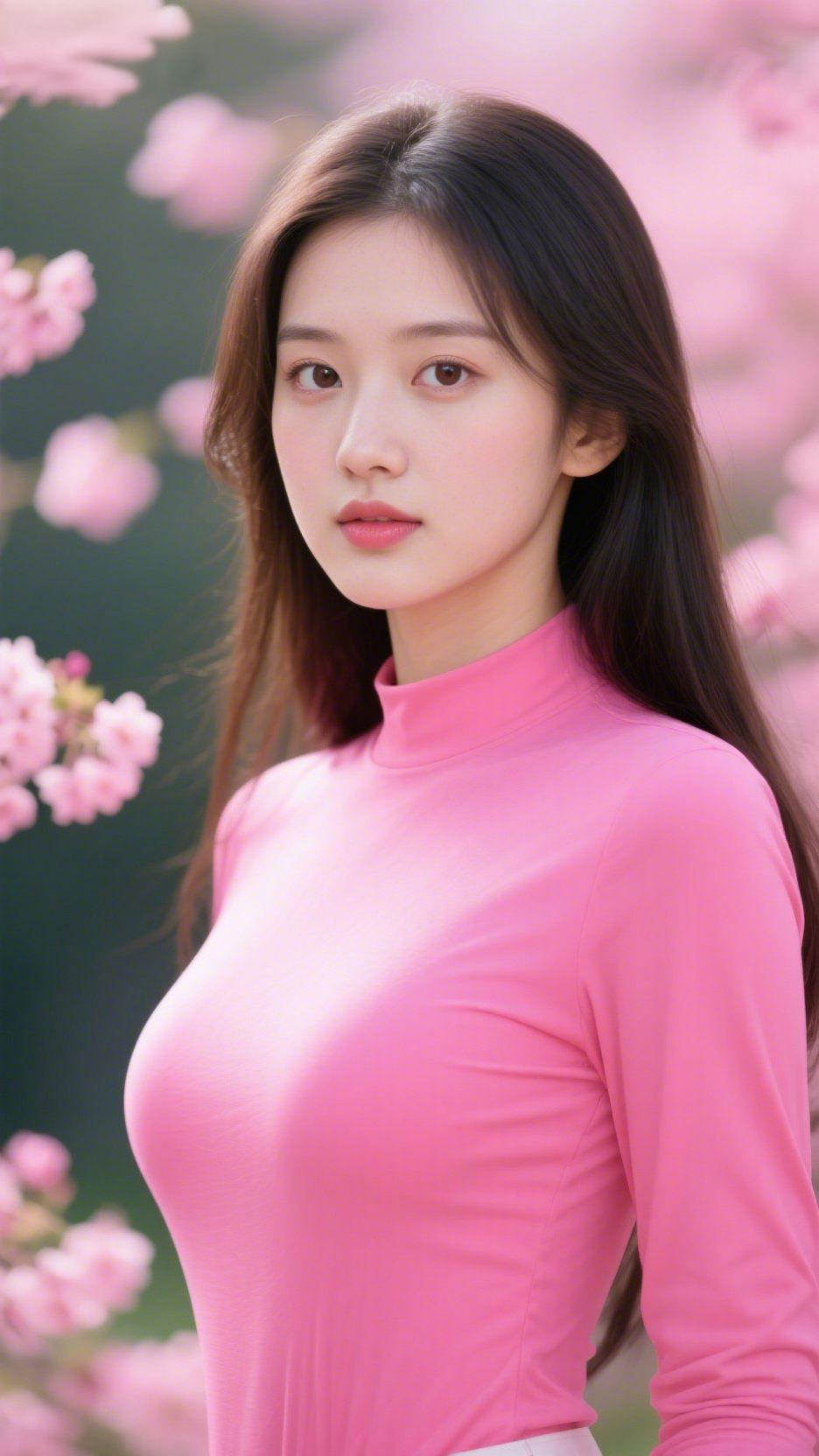 粉衫伴樱裹春柔樱瓣揉软风色时，她立在花影间。绯色衣身裹着舒展的温婉，高领衬