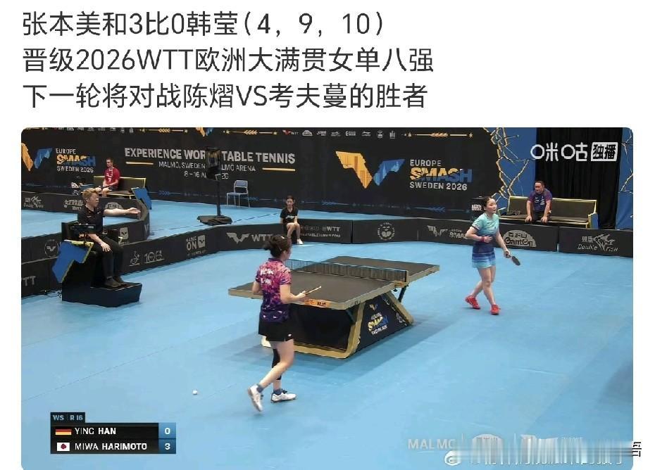 张本美和打削球确实可以，刚赢了韩莹。这次瑞典大满贯韩莹和桥本帆乃香都已经止步了