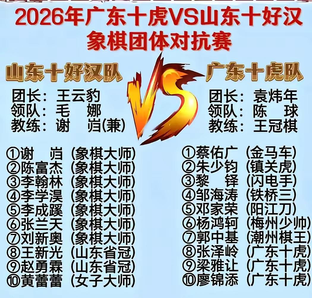 由蔡佑广、朱少均领衔的广东十虎和谢岿、李翰林等十位国家级象棋大师的山东好汉团体对