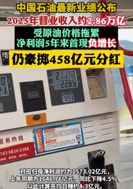 中国石油，最新业绩公布！受原油价格拖累，净利润5年来首现负增长，仍豪掷458亿元