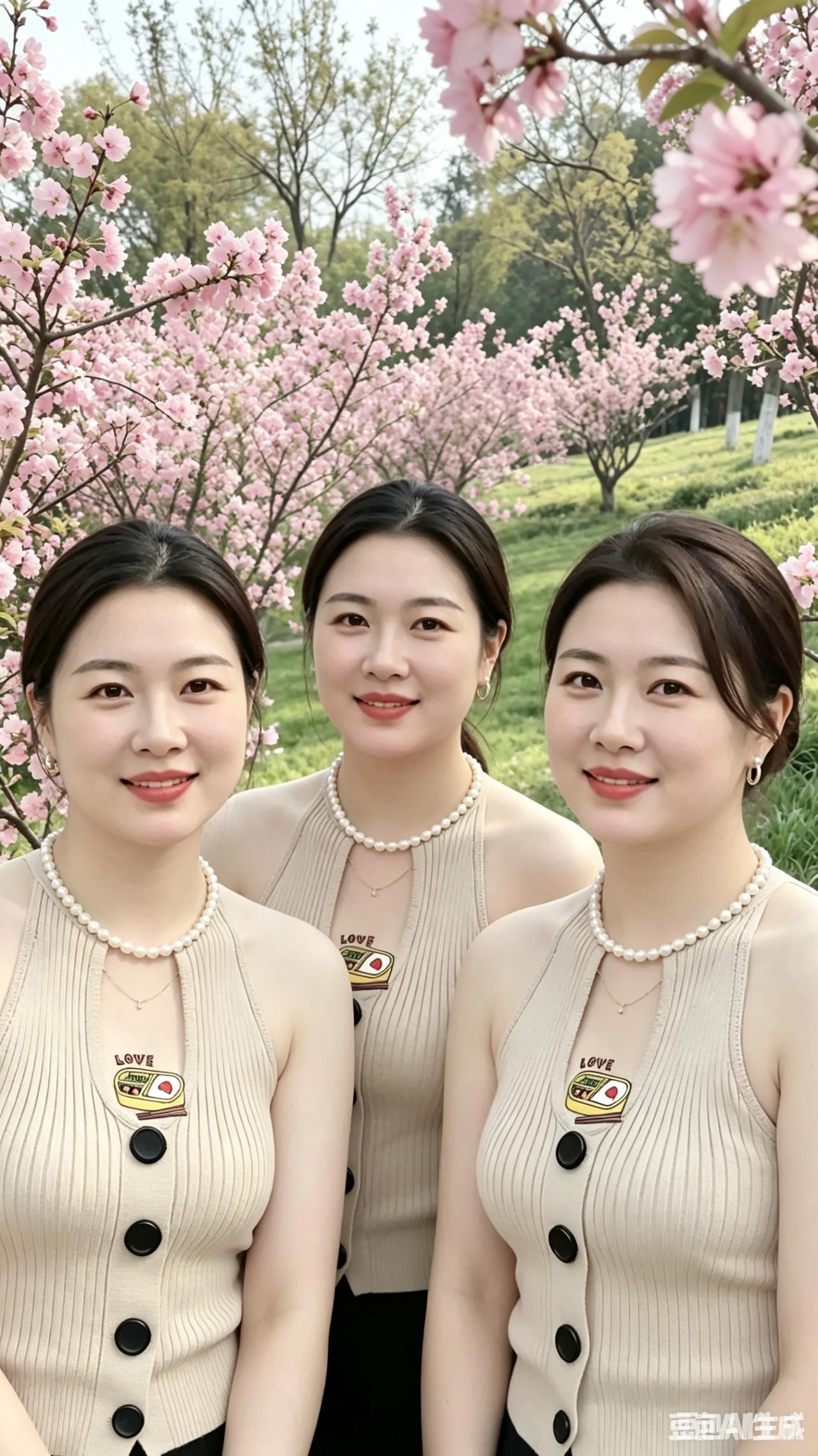 花海之中，三位佳人盈盈伫立。她们身着同样的服饰，气质极为相仿。美景与美人彼此映衬