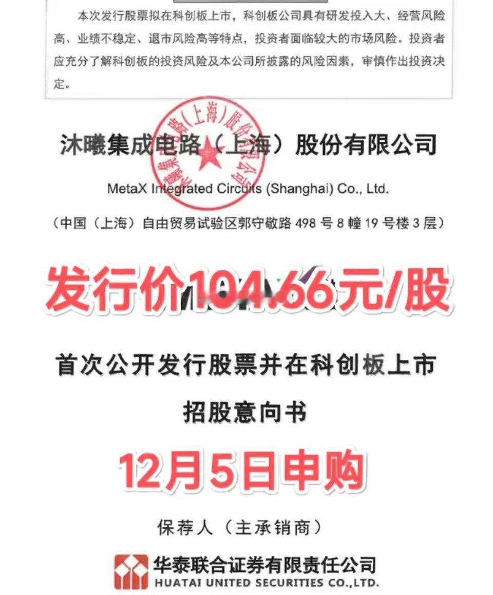 沐曦股份IPO发行价104.66元/股！沐曦股份本次IPO拟发行4010万股，拟