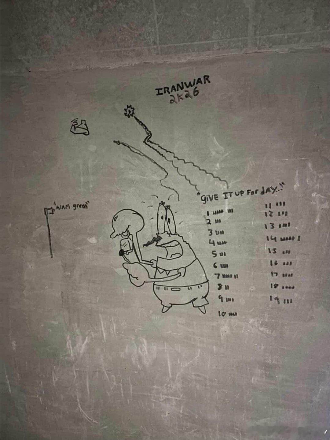 美军躲在约旦穆瓦法克·萨尔蒂空军基地掩体里的涂鸦，蟹老板在数着伊朗攻击的空袭警报