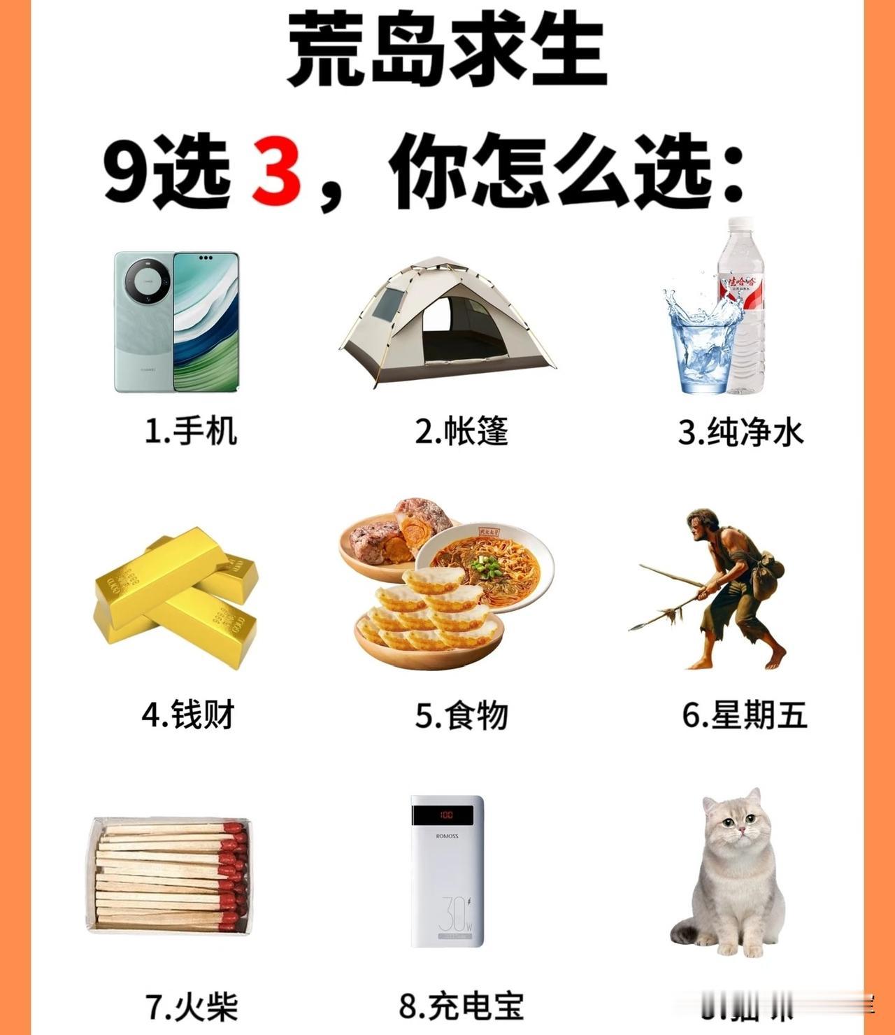如果让你选以下三样东西去荒岛求生，你会选择哪些呢？1.手机2.帐篷3.纯净