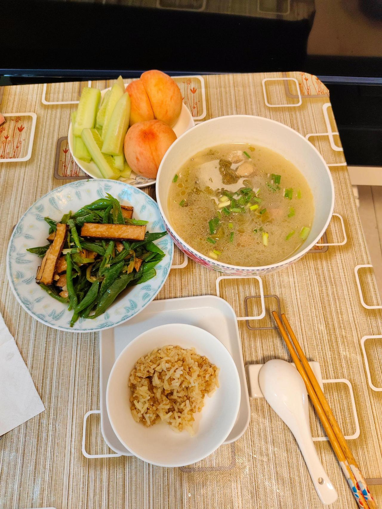 早饭：奶粉蛋白粉加自己烙的饼和紫苏酱午饭：昨天的泡菜鸭汤加今天炒的青椒香干晚