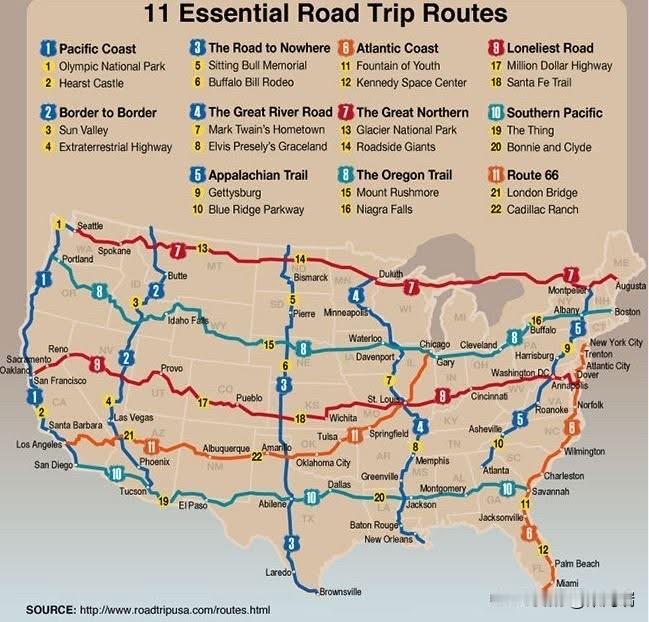 由RoadTripUSA网站精选的11条美国精华公路旅行路线。这些路线覆盖了