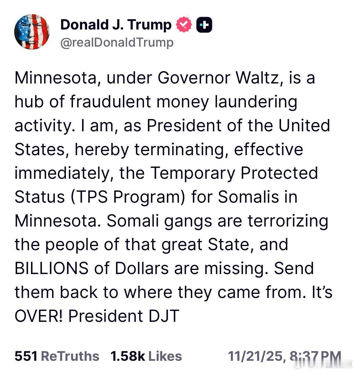 特朗普总统11月22日：明尼苏达州在沃尔兹州长的领导下，已经成为欺诈性铣钱活动的