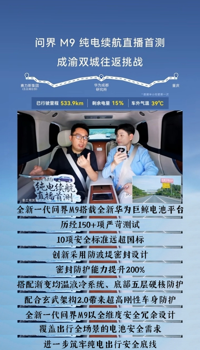 问界M9成渝往返纯电续航实测结果出来了。40℃酷暑+满载重载的真实路况，实测