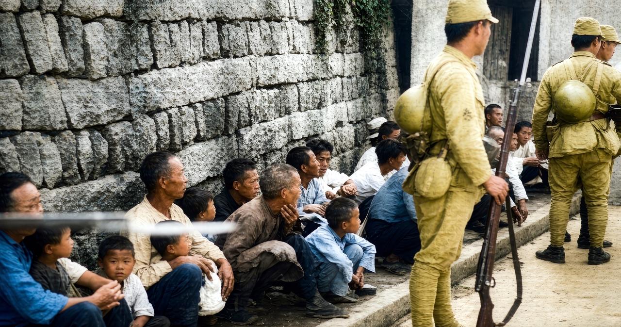抗战时期，日军扫荡中的中国南方村落。鬼子兵将全村的男女老幼驱赶到村口的石墙下集中
