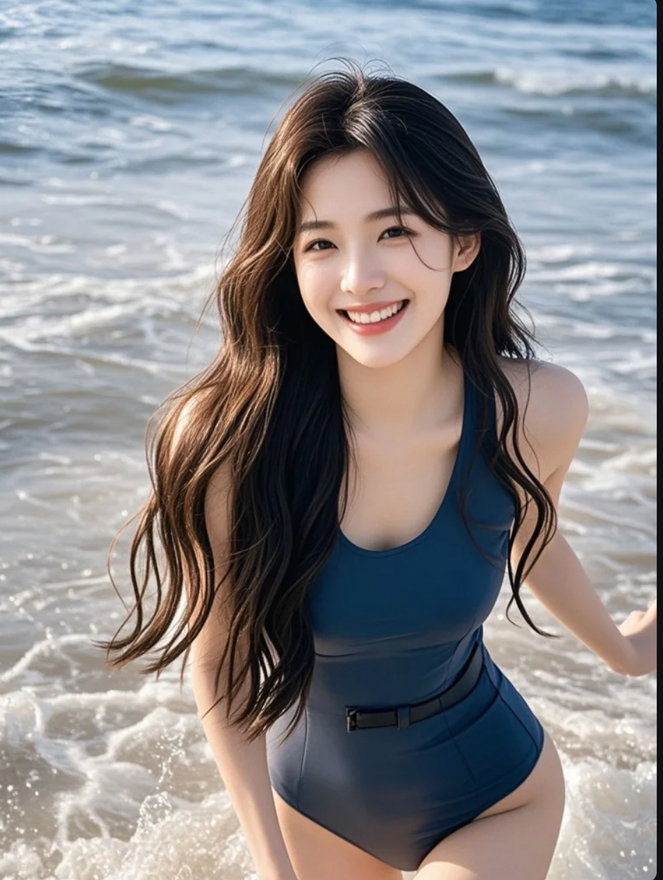 她穿着泳衣站在海浪里，慵懒又性感