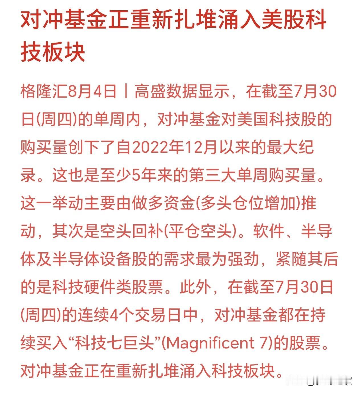 半导体板块反转点位机会来了，对冲基金开始涌入科技股高盛统计对冲基金交易数据：最