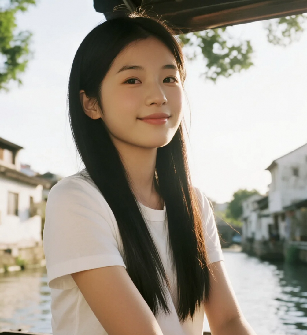 江南水乡中，少女慵懒坐拥阳光，瓷肌如画。