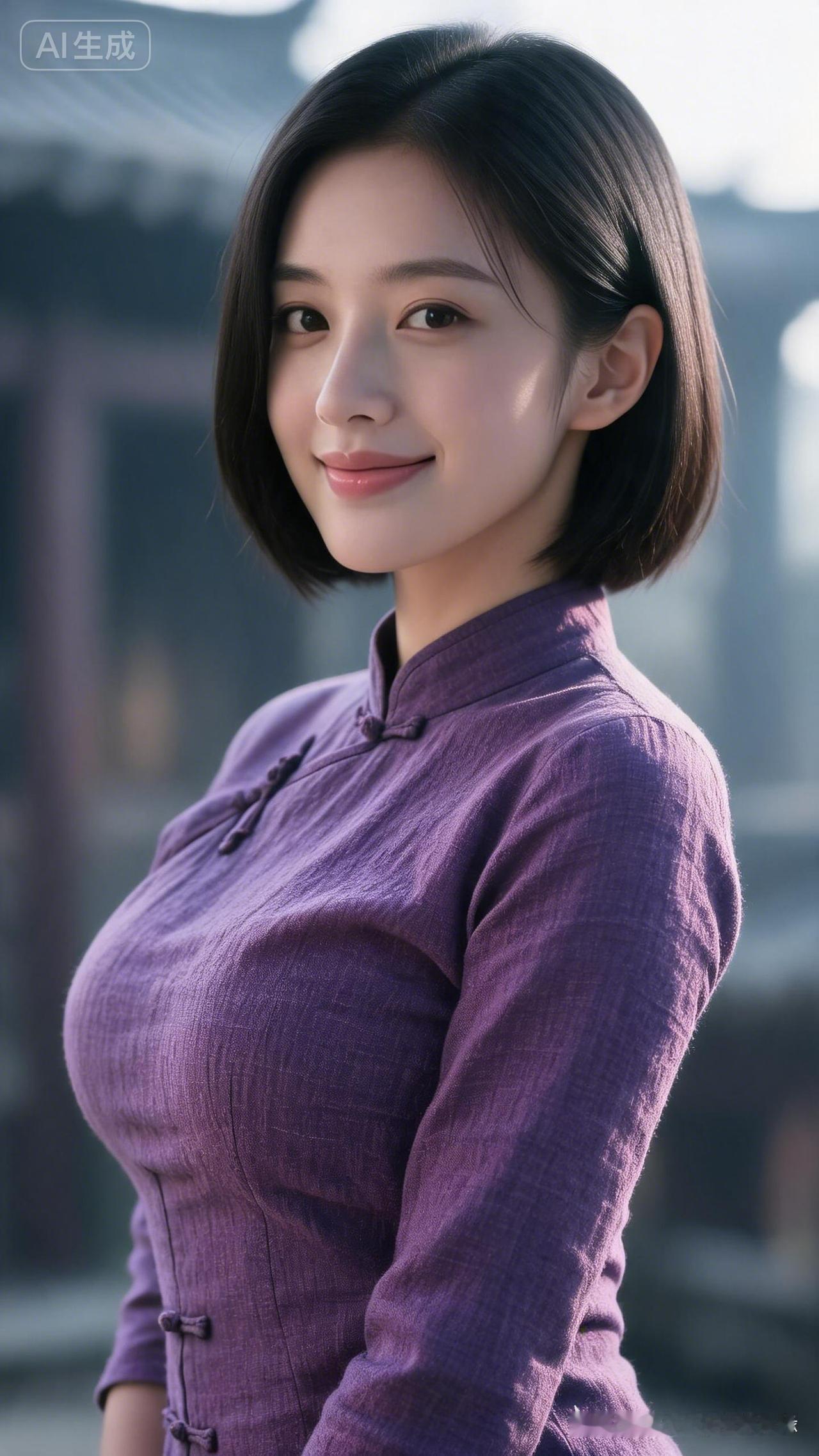 优雅紫衣少女，AI生成，唯美古风！