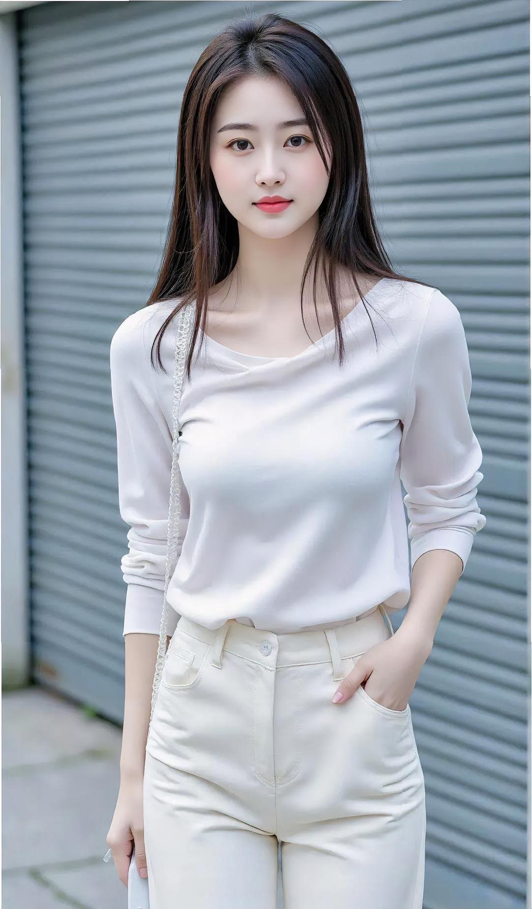 卷帘门旁，街景幽，一身素白韵长留。长发披肩风轻柔，浅笑盈盈暖心头。