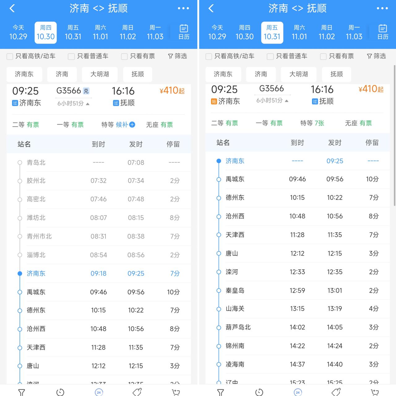 沈白高铁进行调整，抚顺到青岛之间G3566次高铁列车终点站将缩回到济南东站。这就