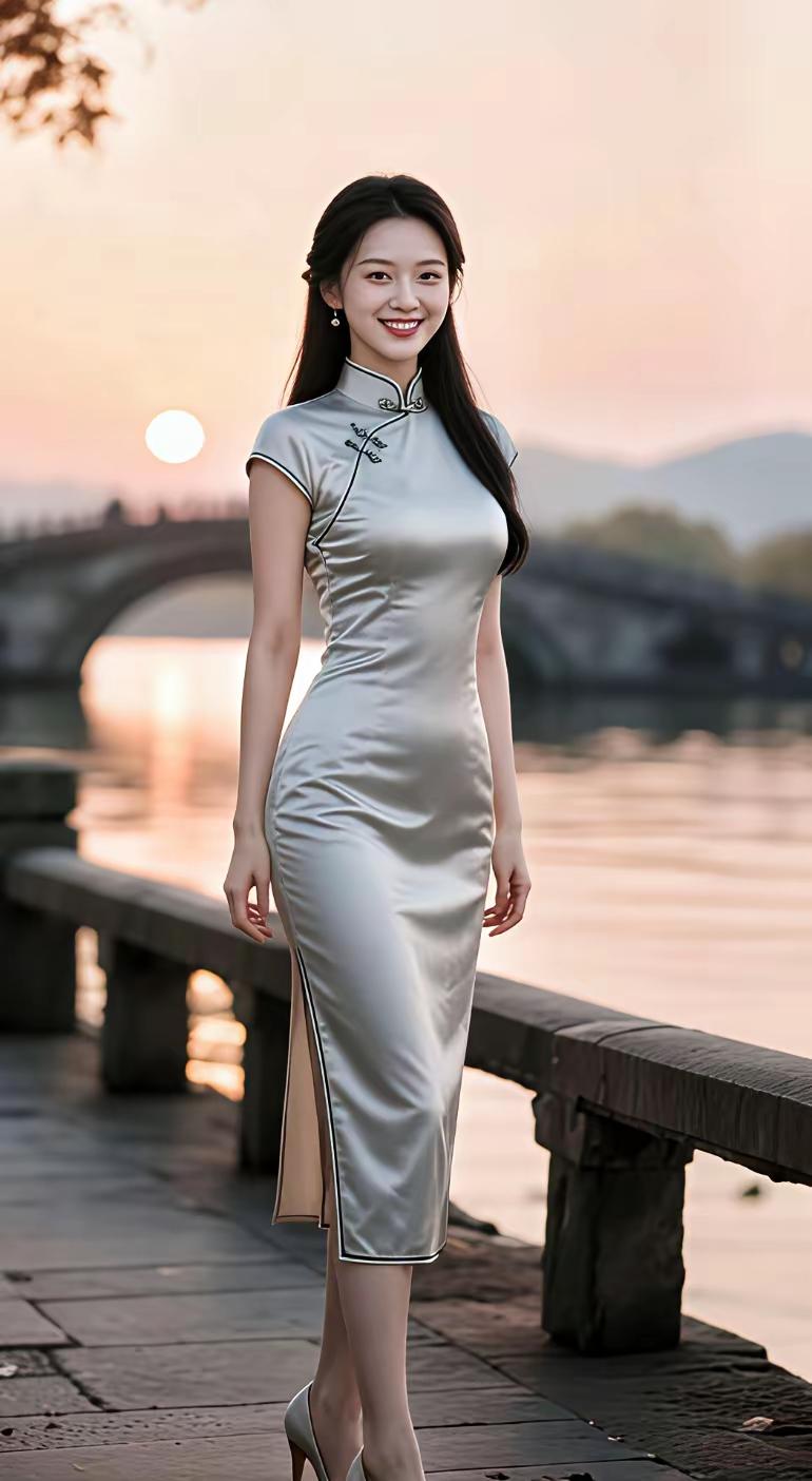 哇，这身旗袍太适合她了，站在湖边有种古典美人范，太漂亮了。