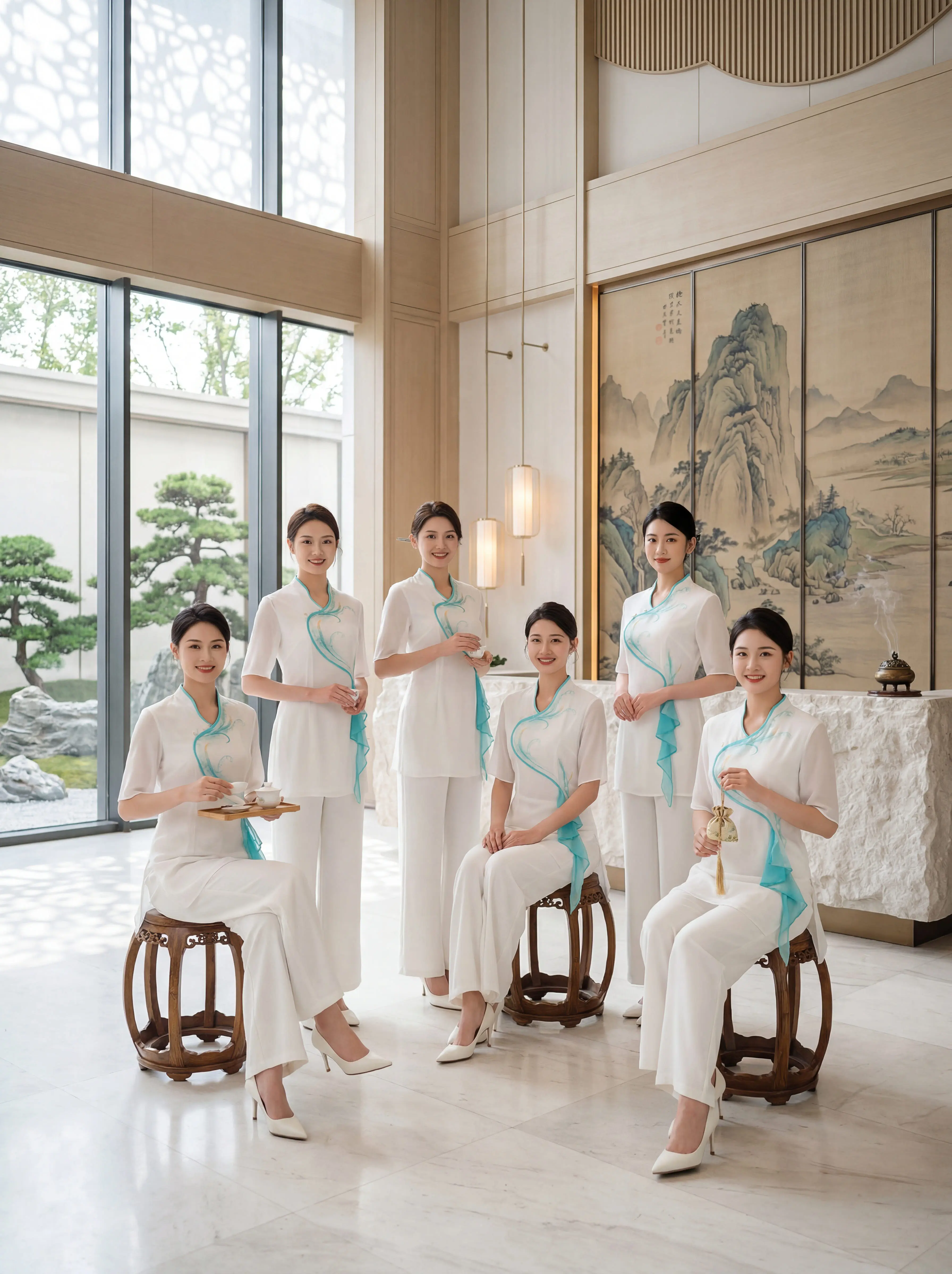 这套新中式技师服美到让人失语✨。新中式斜襟+水蓝飘带，专业又雅致 阔腿...