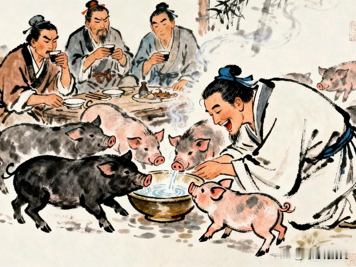 阮咸与族人聚会时，觉得酒杯不过瘾而用大盆盛酒围坐豪饮。不料一群猪跑来抢饮盆中的酒