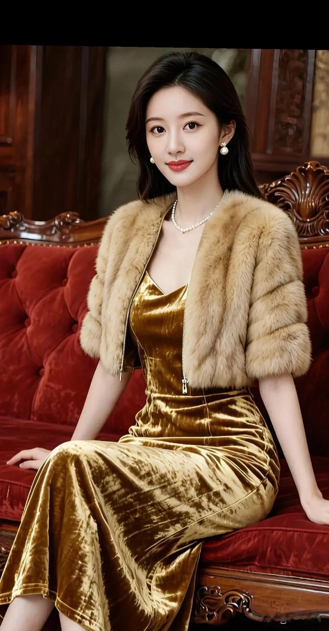 金绒裙裹着鎏光，狐裘轻覆肩臂，珍珠链坠在锁骨弯里漾开柔润。红木沙发的沉色衬得这身