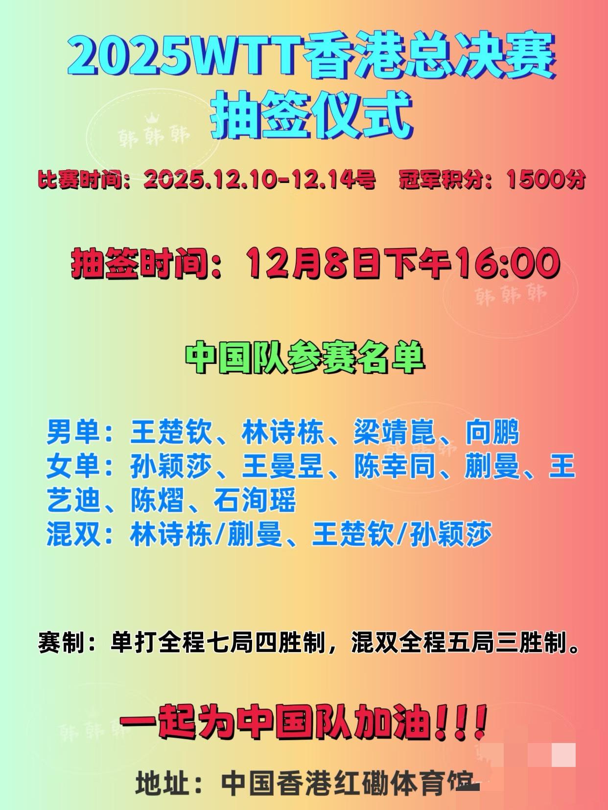 2025WTT香港总决赛12月8日下午四点抽签2025年WTT迎来精彩收官之战