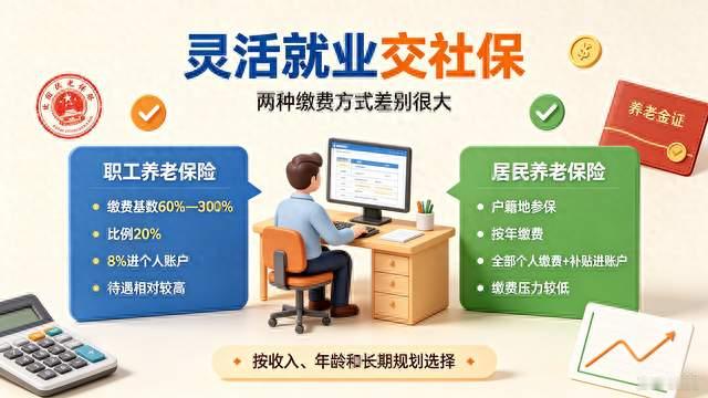 灵活就业交社保, 两种缴费方式差别巨大! 选错, 养老金待遇差不少