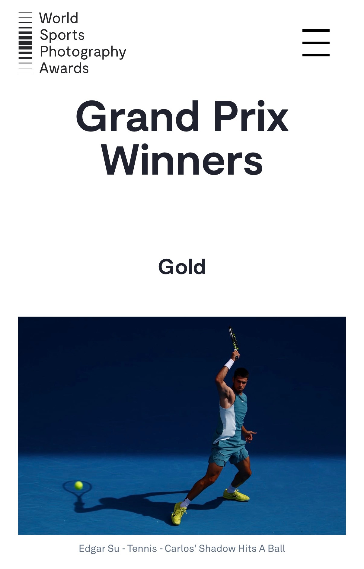 来欣赏2026年世界体育摄影大赛金奖(第一名)作品：《阿尔卡拉斯的影子击中一个球