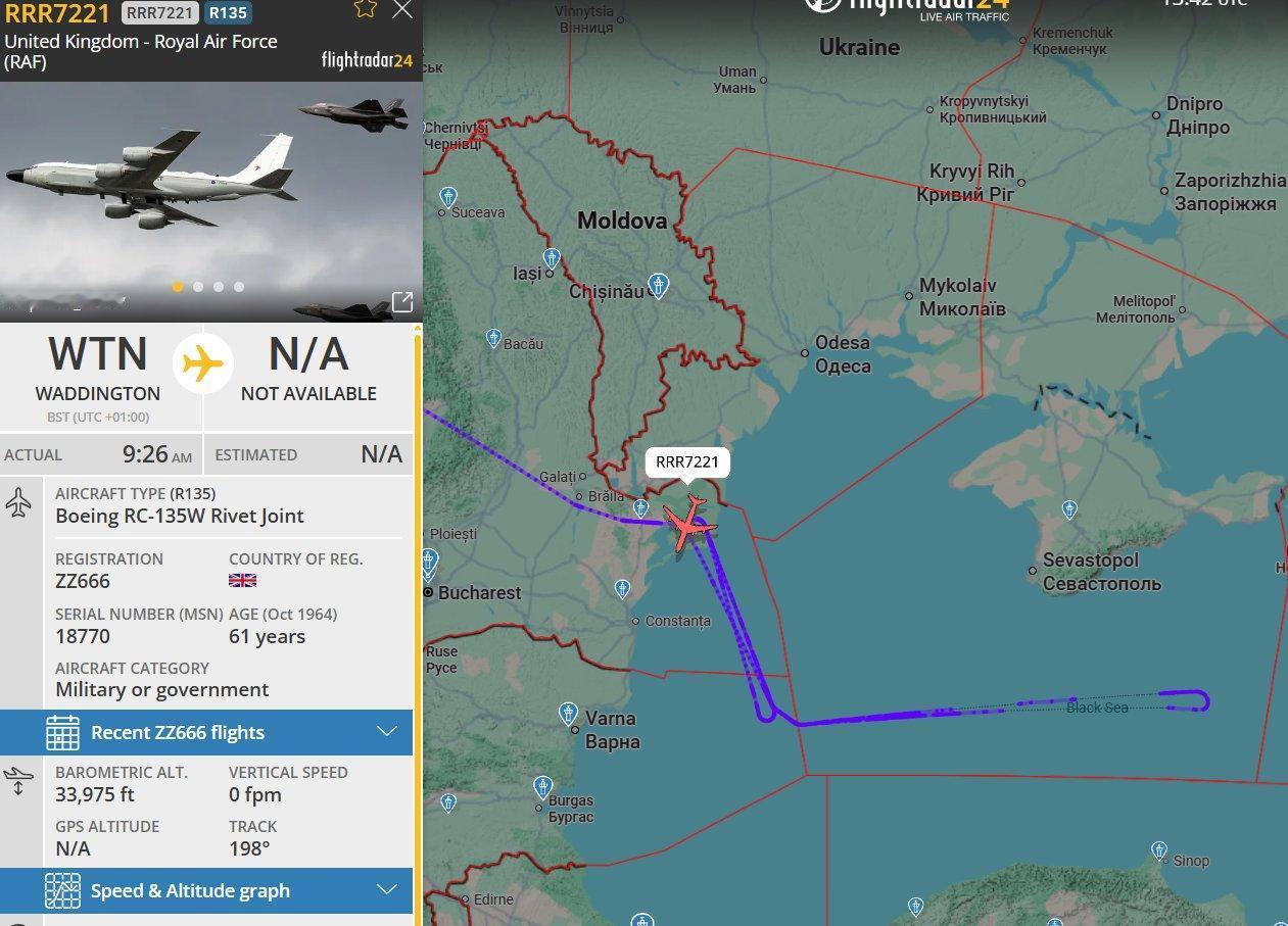 英国皇家空军RC-135W“铆钉联合”（ZZ666）在黑海沿俄罗斯占领的克里米