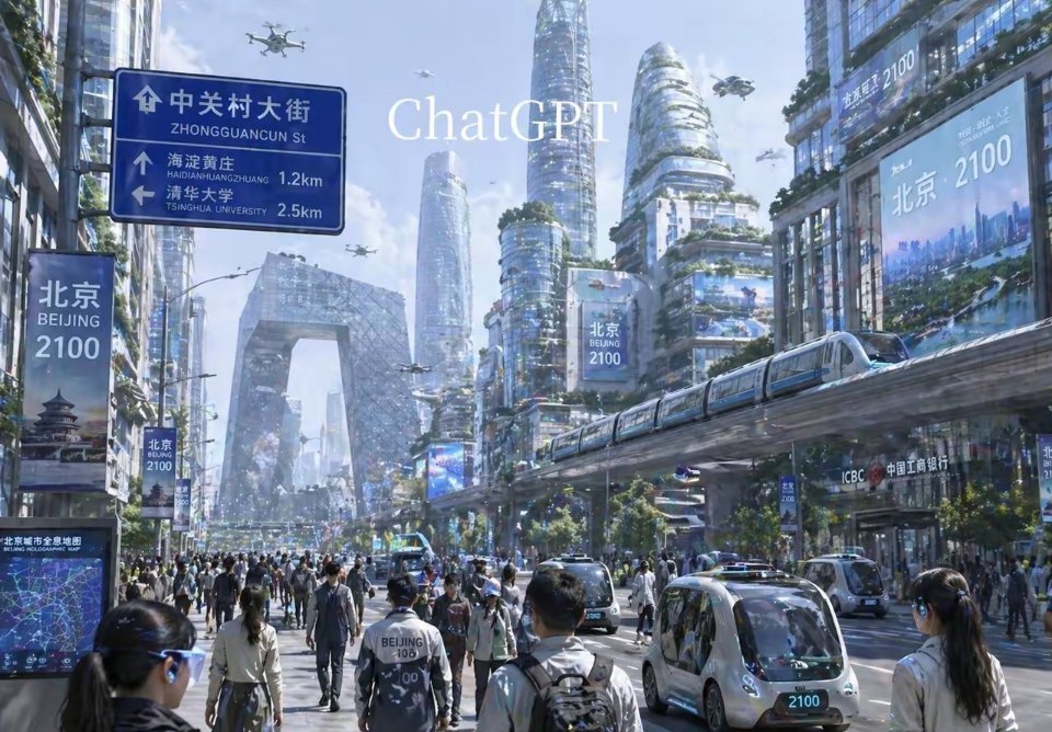 ChatGPT和豆包对未来的想象，生成提示词:2100年的北京街头，谁的更真实一