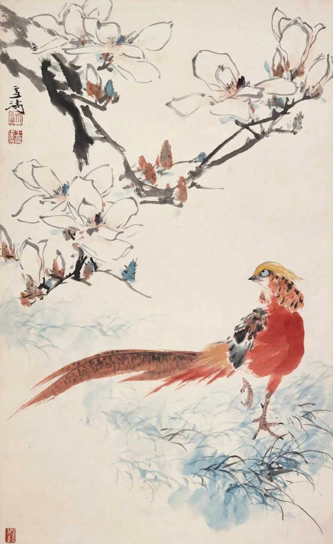 王雪涛《玉兰锦鸡》，设色纸本85×52cm。题识：雪涛。钤印：瓦壶斋、王雪涛
