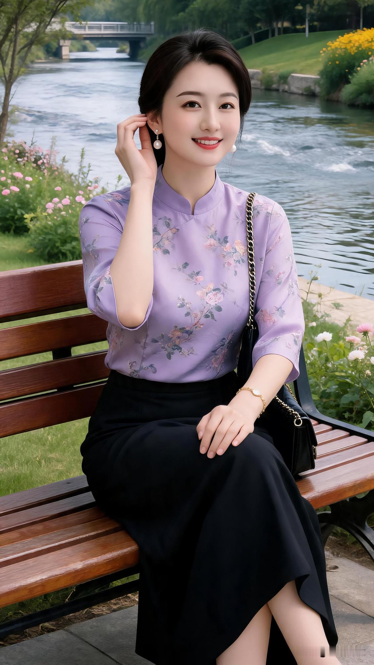 日常偏爱温柔新中式穿搭，淡紫印花立领衫配黑半身裙，简约素雅，出门散步舒适又自带温