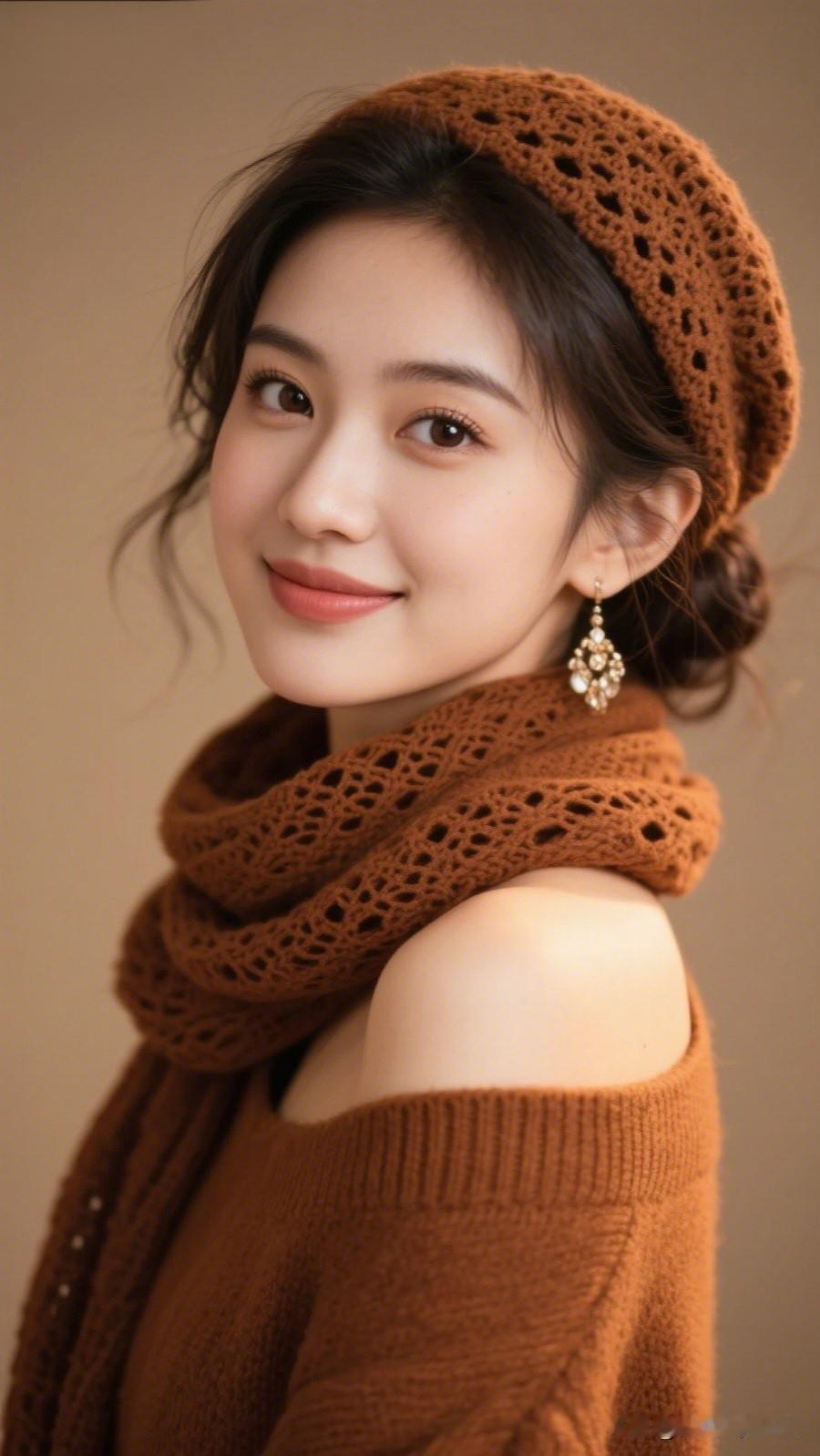 笑靥如花，岁月静好。什么样的女人才最有魅力呢?温暖冬日穿搭，棕色针织帽与围巾的