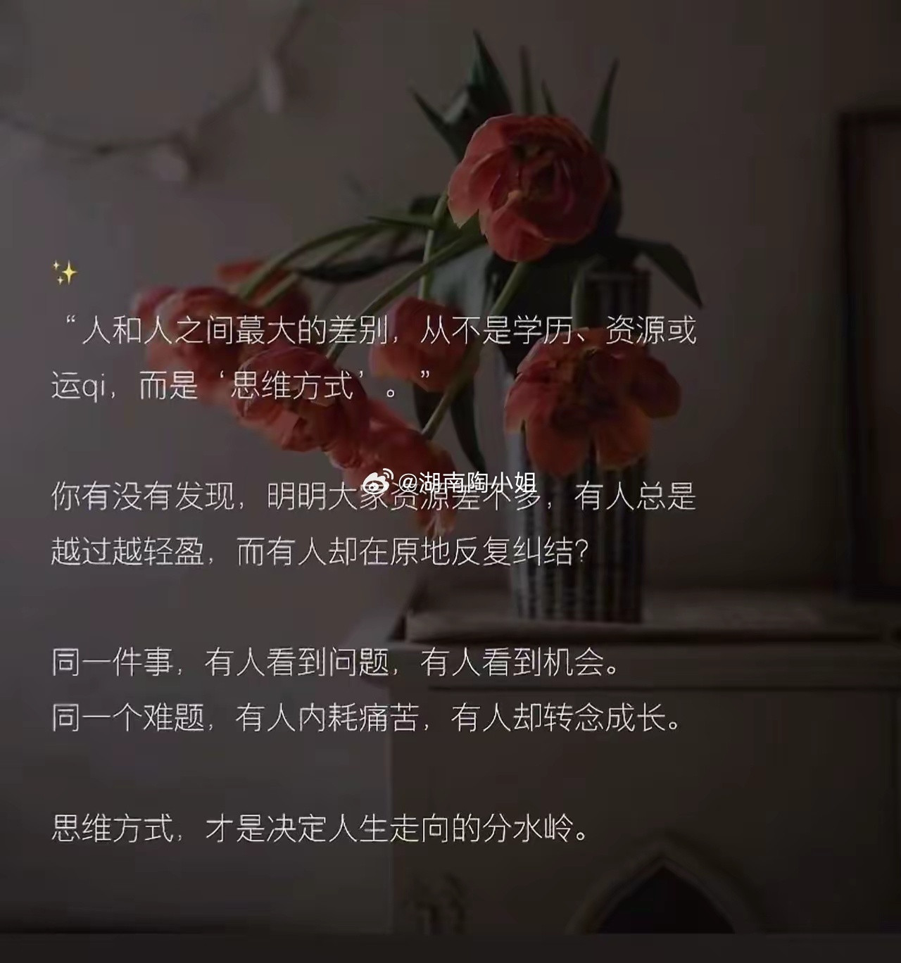 人与人之间最大的差别：思维方式。思维方式不会一夜之间改变但每一次察觉，每一个转念