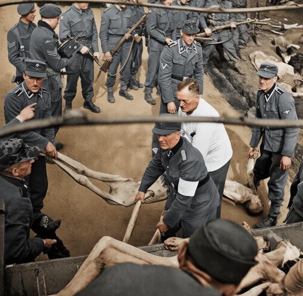 1945年，贝尔根-贝尔森集中营被英军解放后，党卫军成员在盟军监督下清理受害者尸