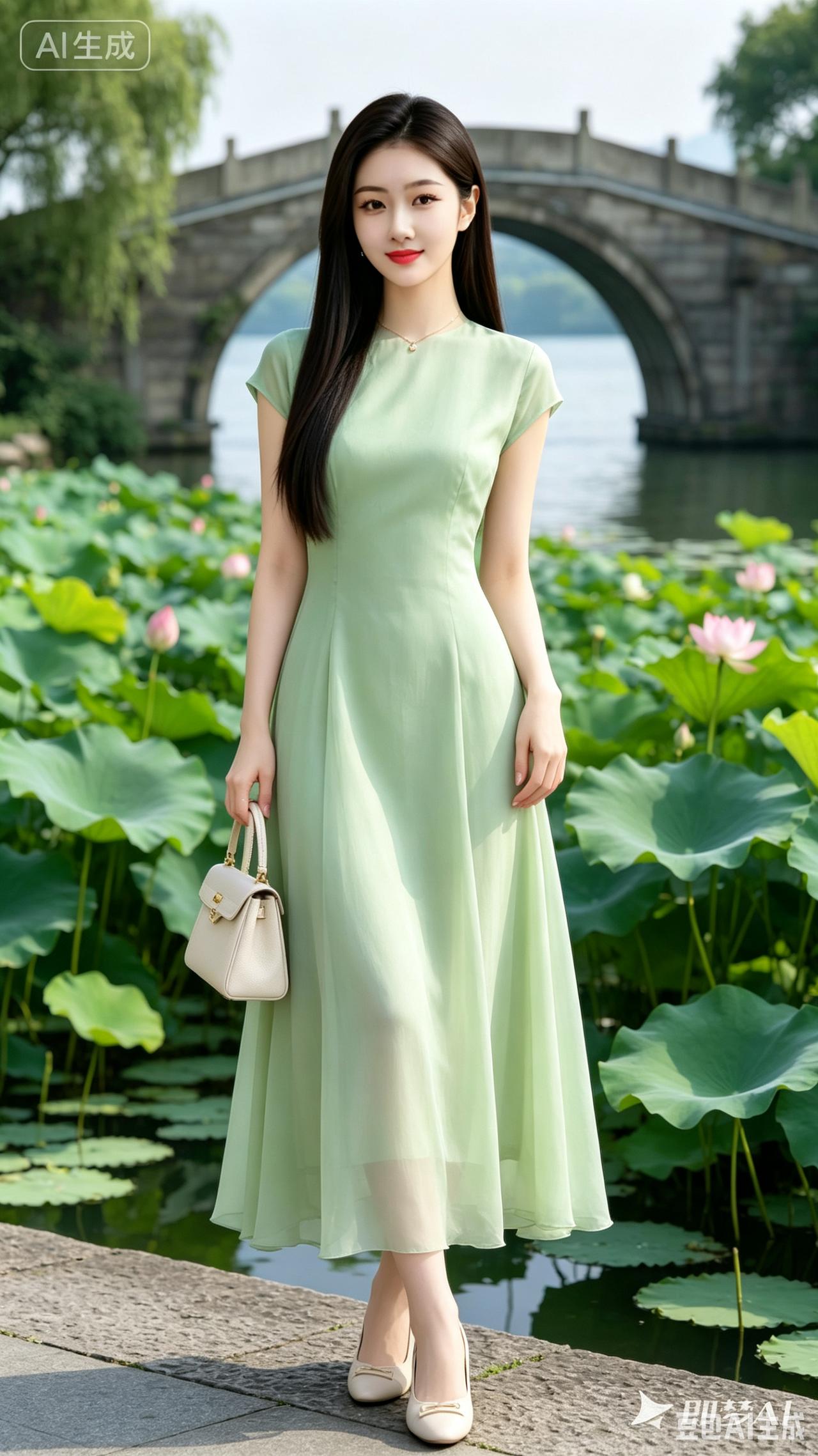 夏日清新穿搭，绿意盎然，漫步荷塘，优雅动人。