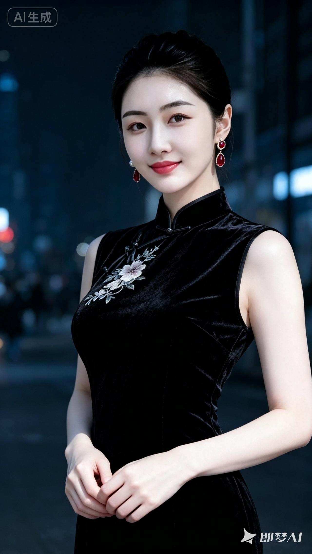 优雅黑裙，都市夜色中的时尚女郎