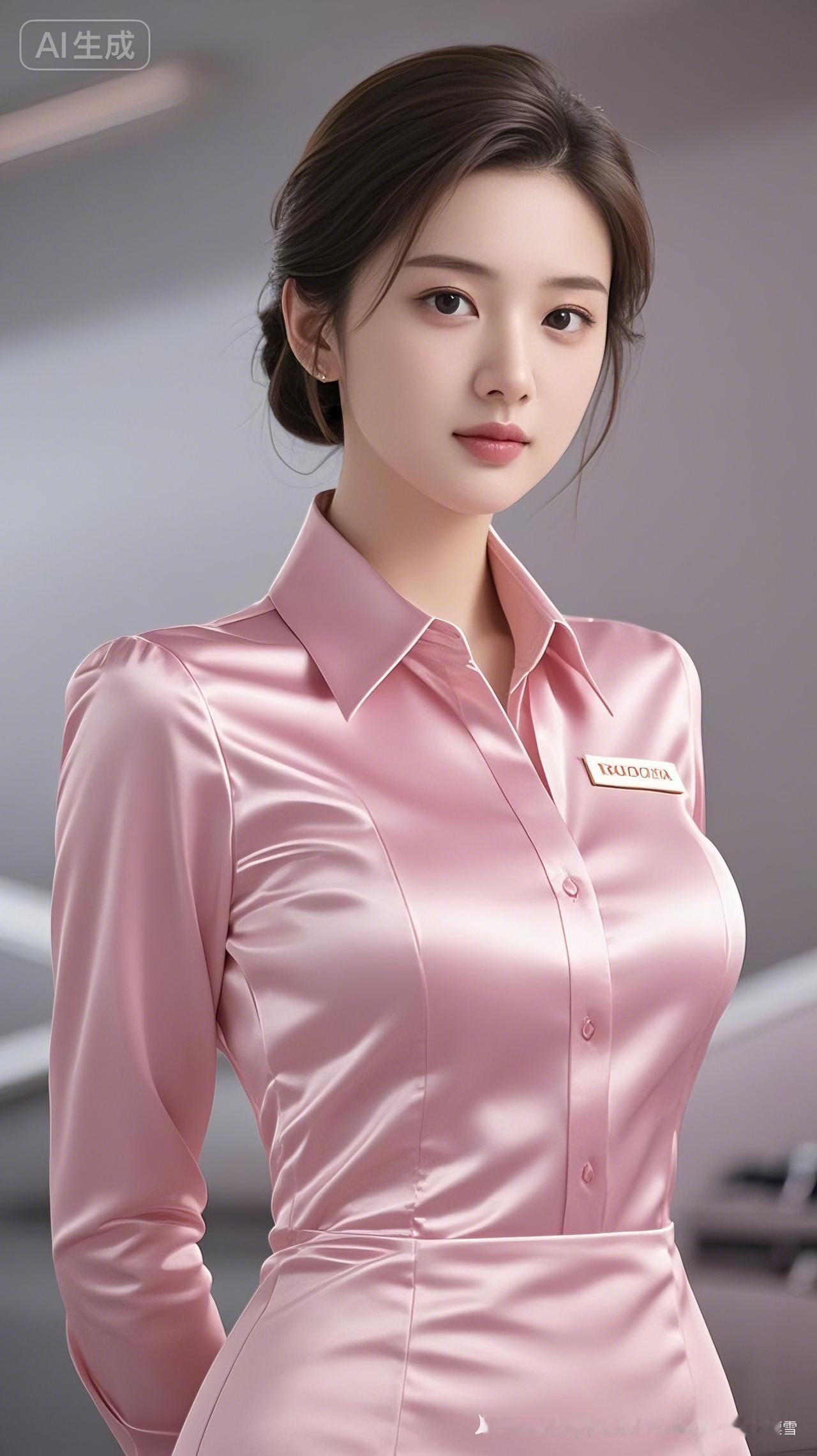 优雅空姐风，粉色丝质衬衫，尽显温柔与专业！