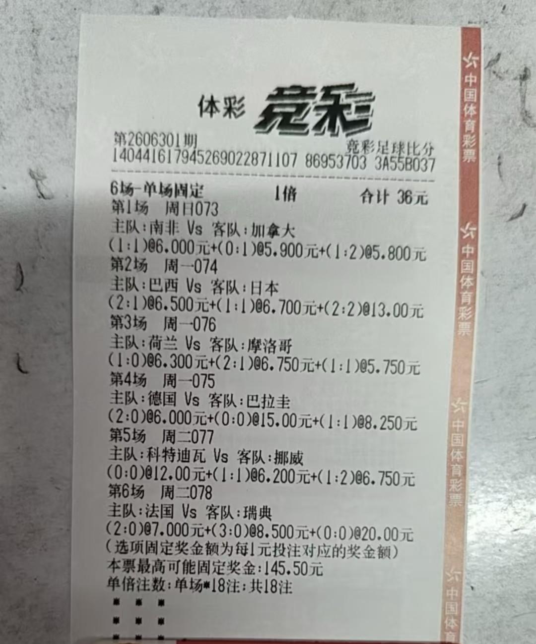 网上看到的最可惜的一张彩票了，6场比赛全中，难度之高可想而知，可奖金最多只有10