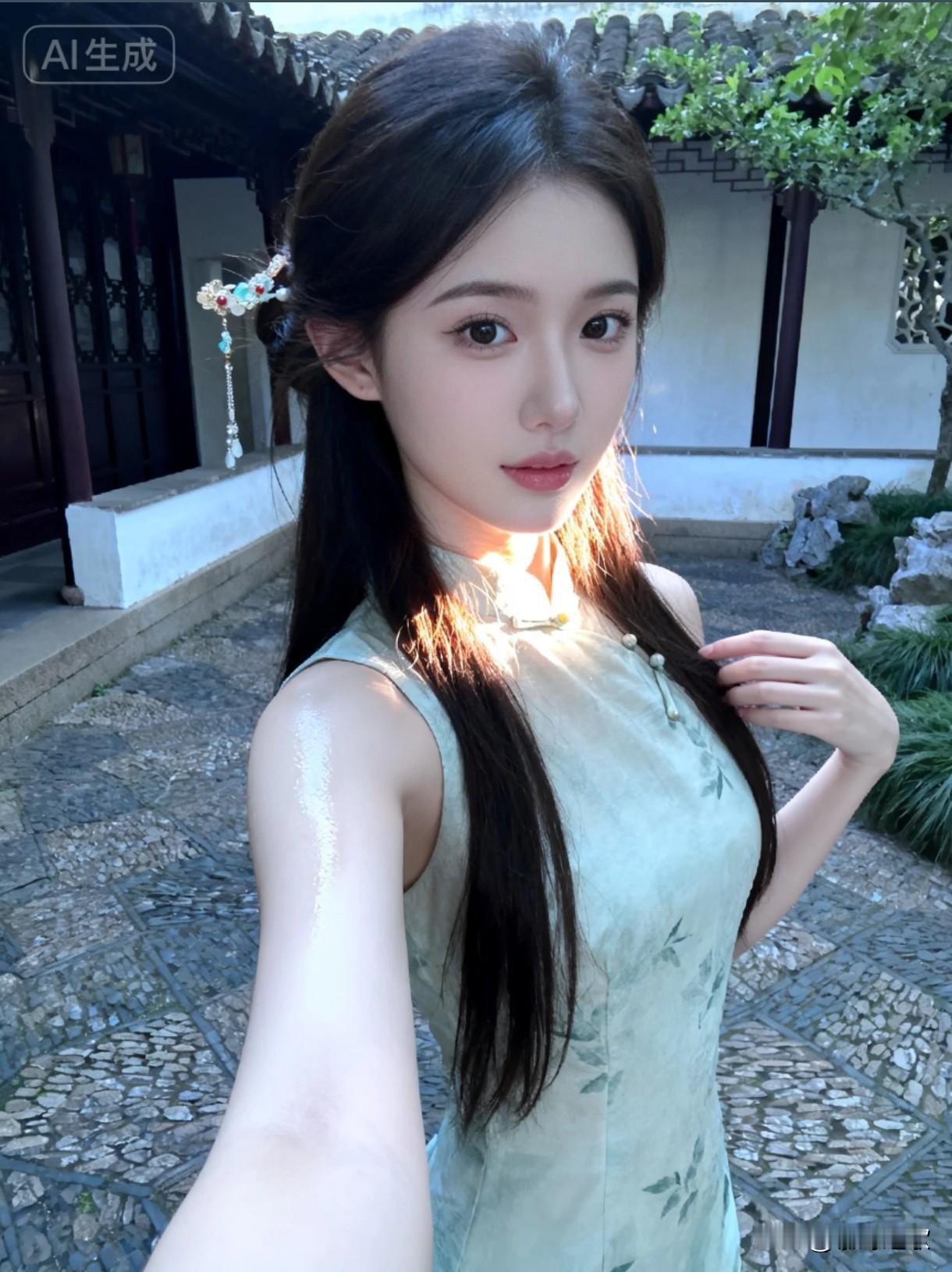 青砖黛瓦锁清幽，一簪玲珑系芳洲。旗袍素雅裁云意，亭台深处梦未收。且向闲庭拾光