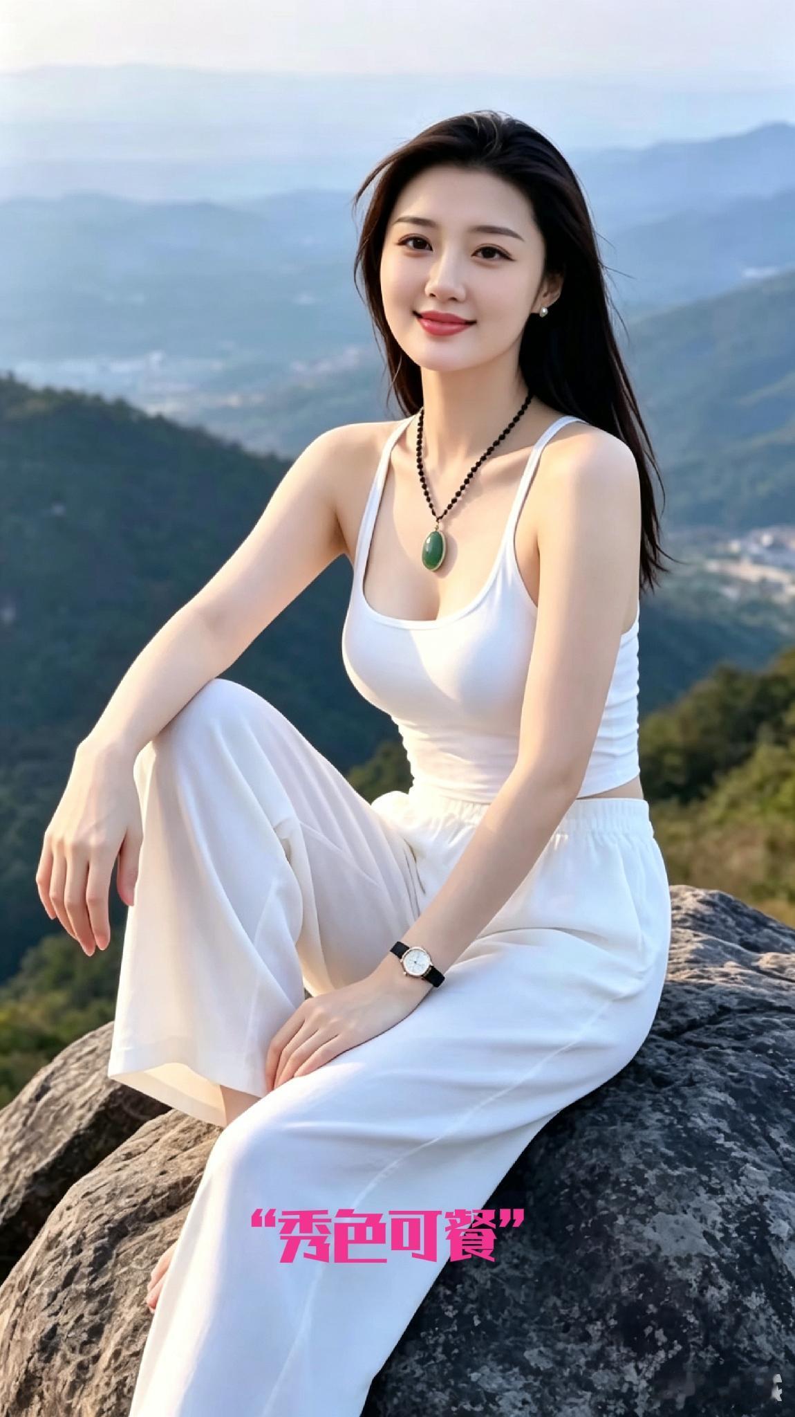 山间佳人闲坐自然清雅美女青峰望远岑，素衣淡雅净无尘。翠玉随身添雅韵，山光遍