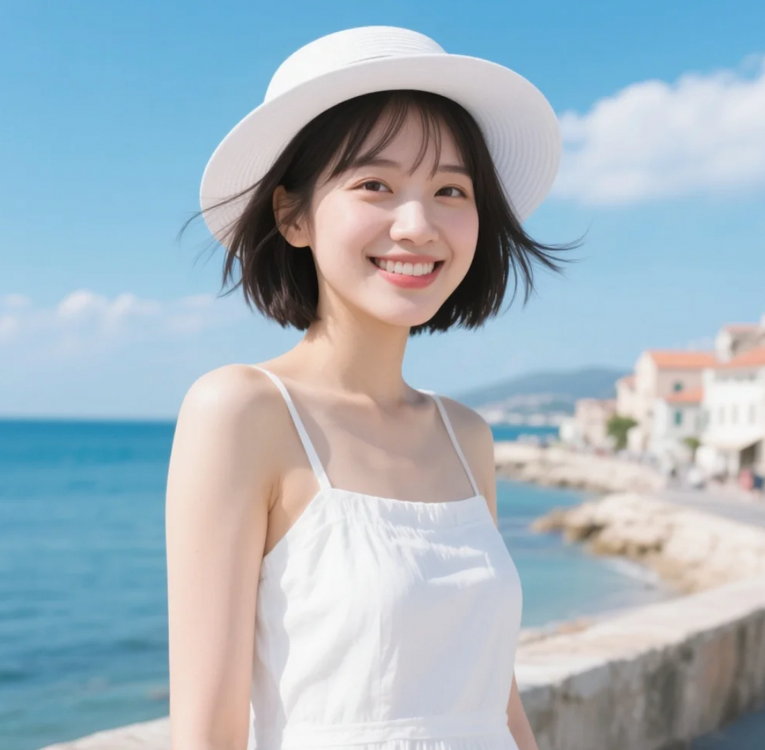 她望着远方的海平线，眼神清澈见底