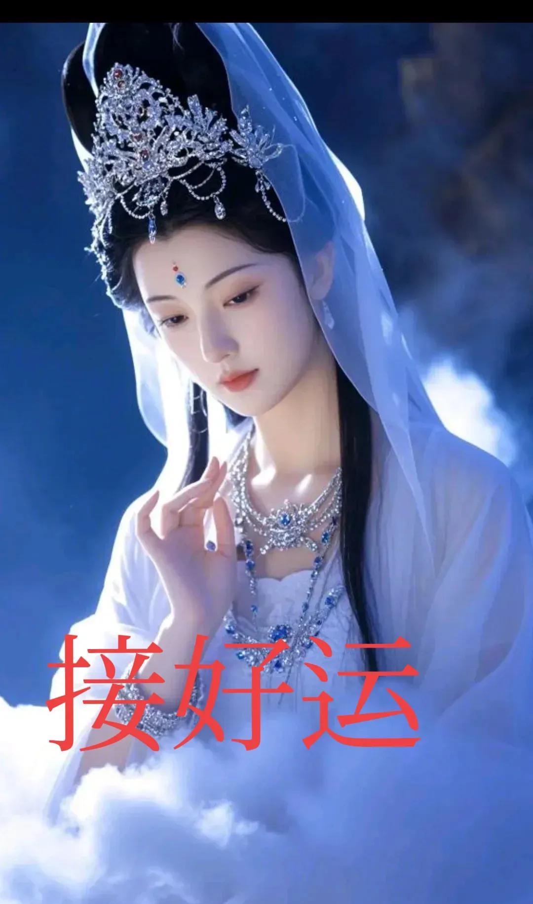 观音菩萨慈祥地坐在莲座上，她身着华丽的法衣，头戴晶莹剔透的宝冠，在月光的照耀下显
