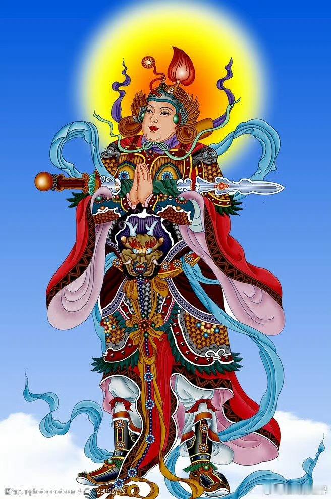 韦驮天将，菩萨化身，拥护佛法誓弘深，宝杵镇魔军，功德难伦，祈祷副群心。南无普眼