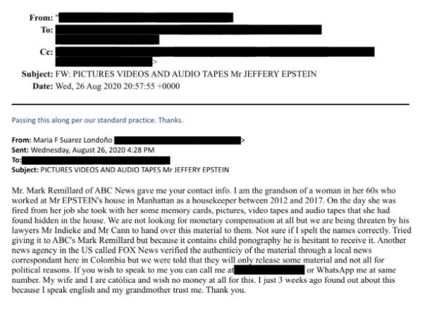 2020年爱泼斯坦纽约管家被解雇后，其孙子向司法部发送的电子邮件。据称，她在