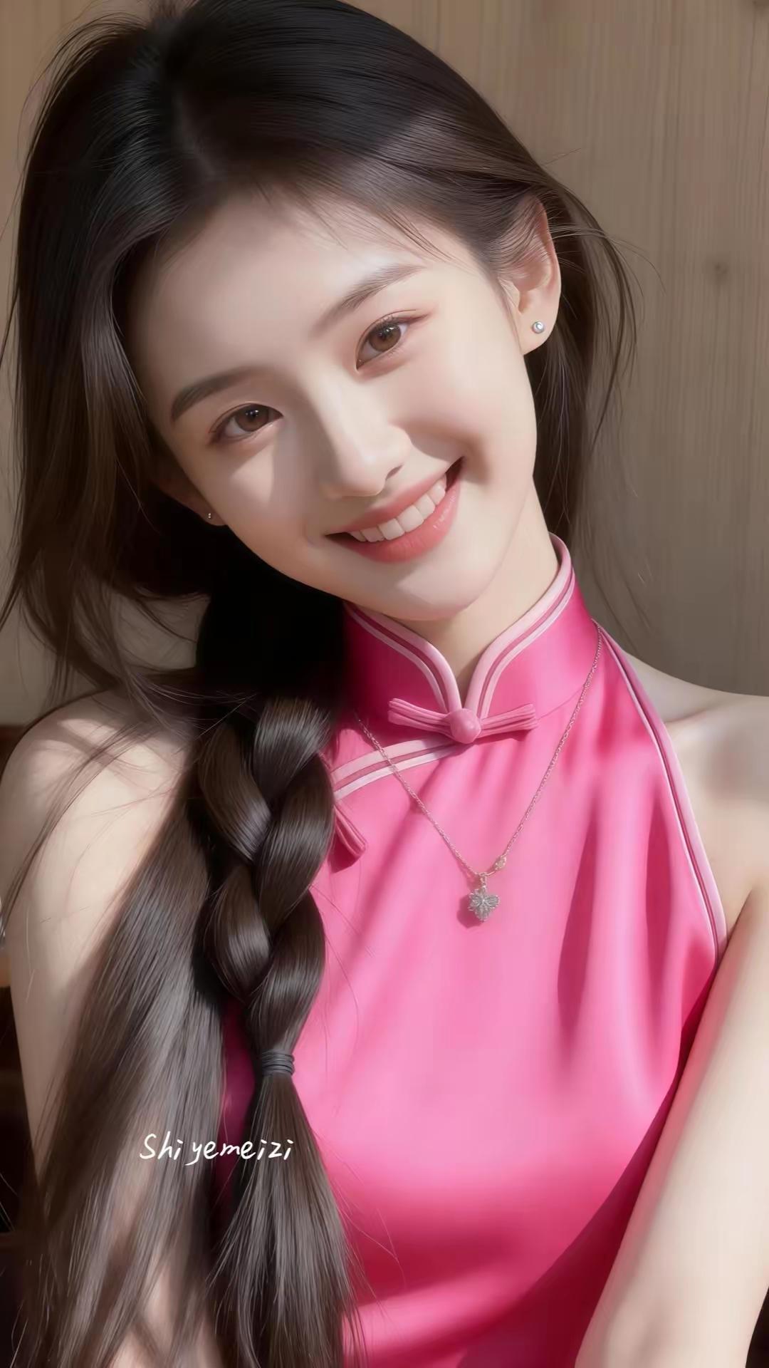 甜美少女风，粉色旗袍，优雅微笑，少女心满满！💖✨🌴