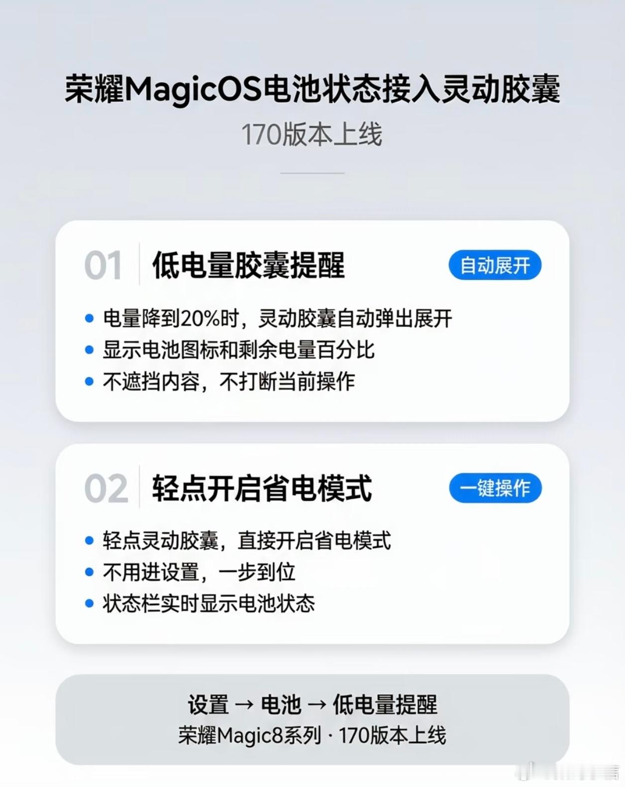 MagicOS月月新荣耀170新版本给灵动胶囊增添了超贴心新功能，专门新增了电量
